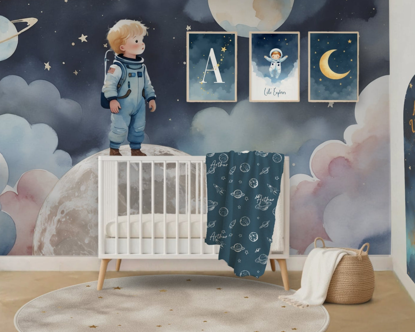 Children's room with space-themed wall mural, crib, and decor.