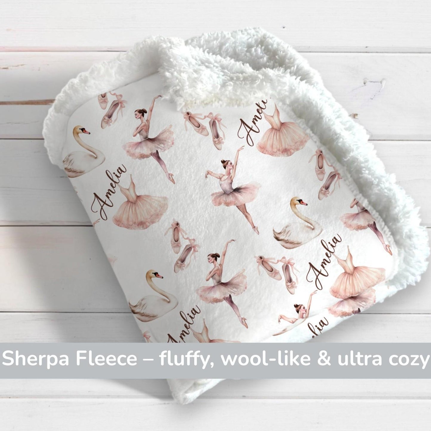 Personaliseerde Ballerina Baby-Deken – Aanpasbare Naam Ballet Deken met Zwaan & Tutu Ontwerp – Zachte Sherpa Vacht Throw voor Meisjes, Balletliefhebbers, Slaapkamercadeau