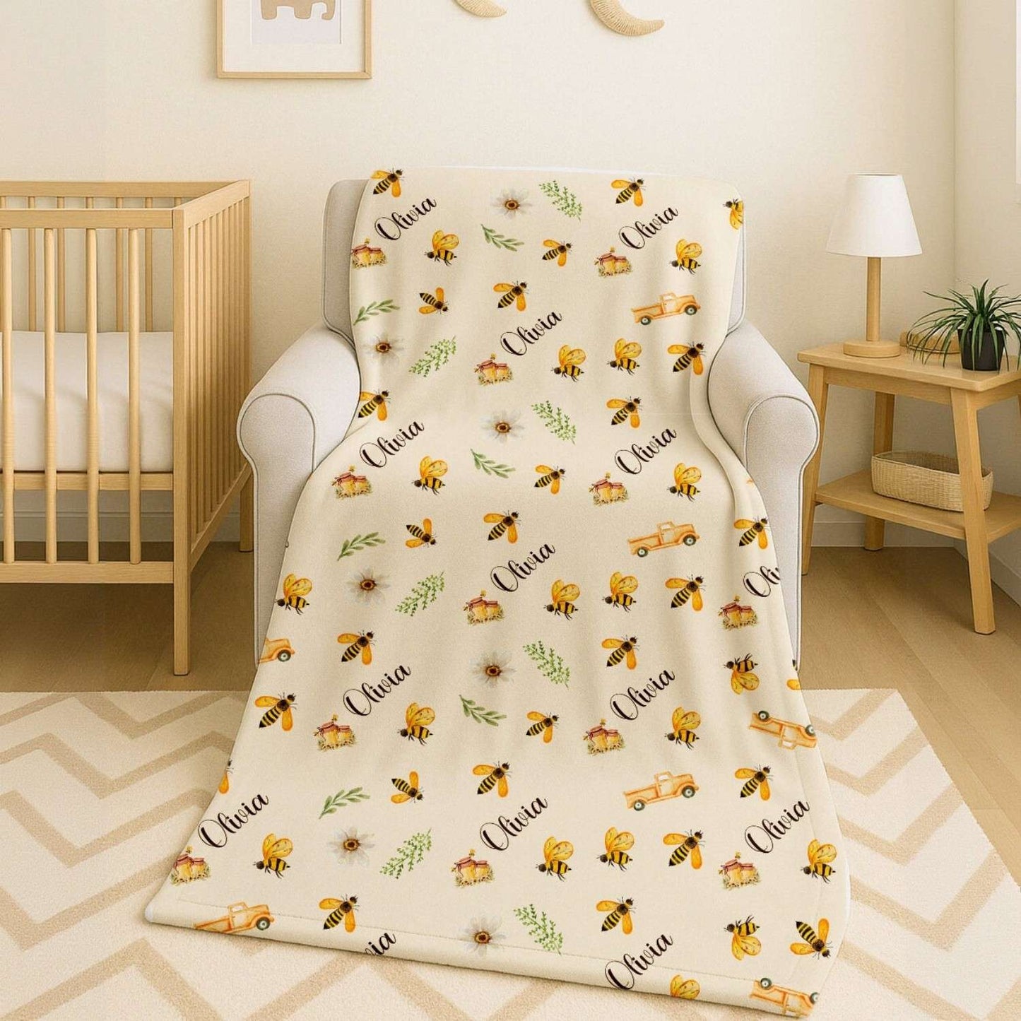 Personalisierte Babydecke Winterwald – individuell bestickter Name, weiche Babydecke, Geschenk für Neugeborene und Kinderzimmerdekoration)