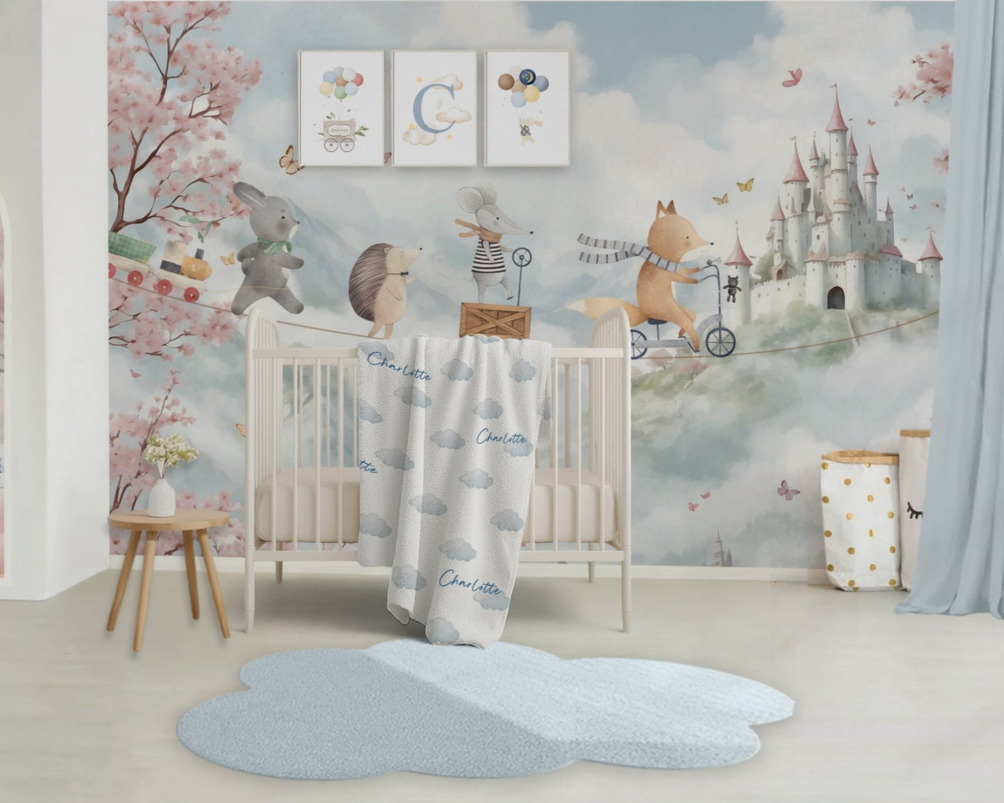 Children's room with crib, decorative wall art, and rug.
