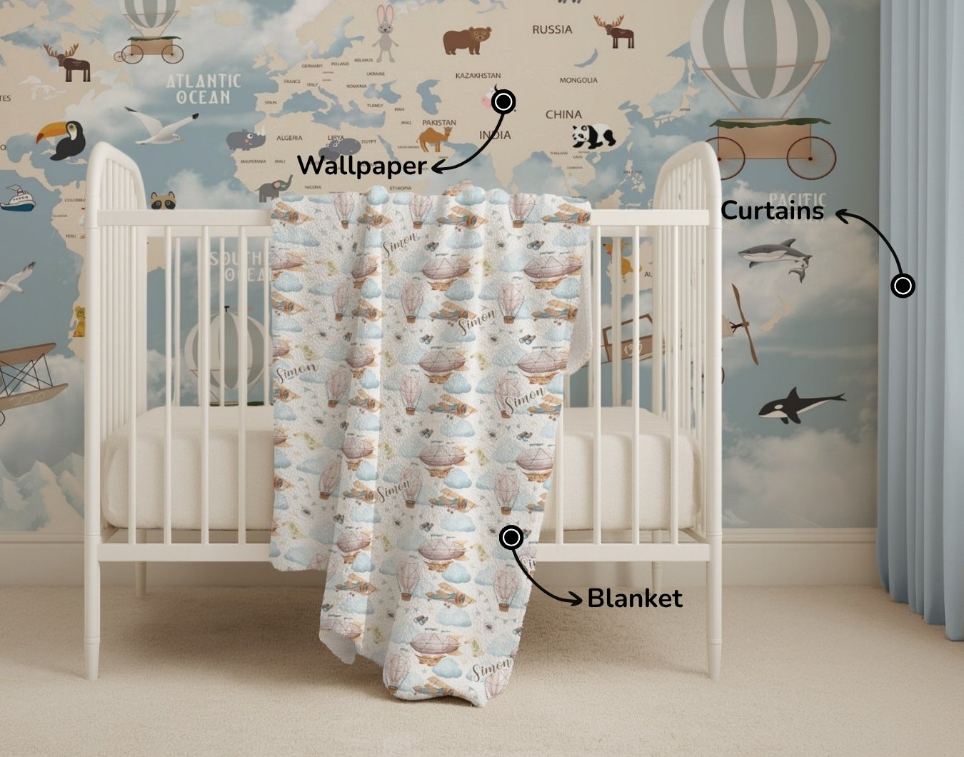 Crib with airplane-themed bedding, curtain, and wallpaper in a child's room.