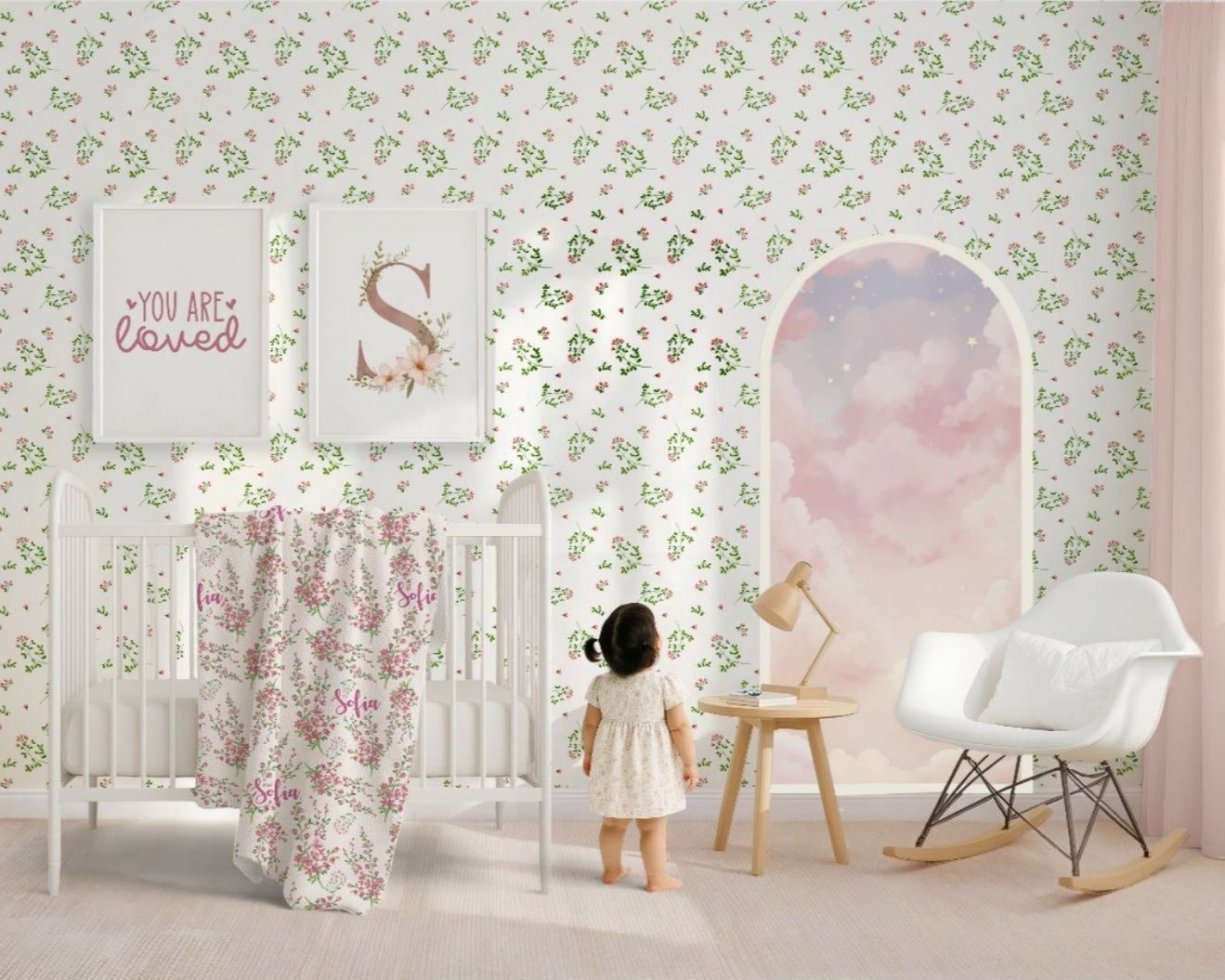 Children's room with floral wallpaper, crib, and rocking chair.