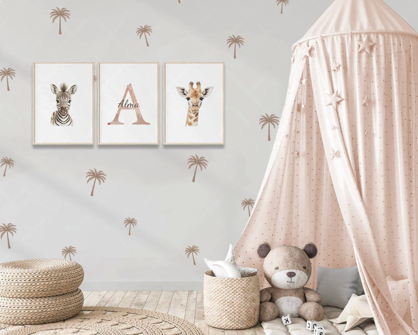 Children's room with wall art, teddy bear, and pink canopy.