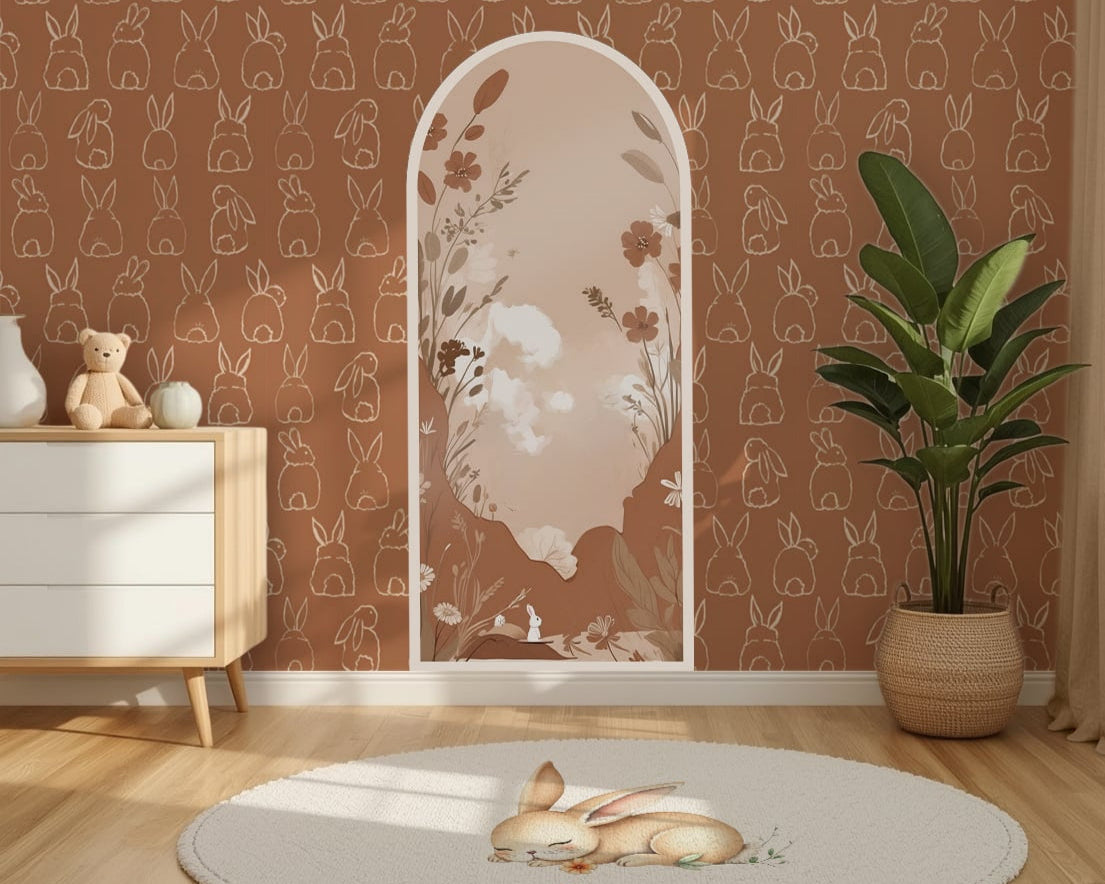 Room interior with a rug featuring a rabbit design, a cabinet, and a plant.