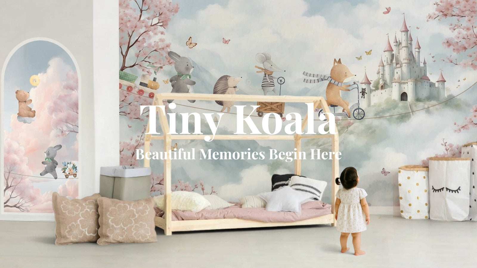 Children's room with a bed, toys, and a castle mural with 'Tiny Koala' branding.