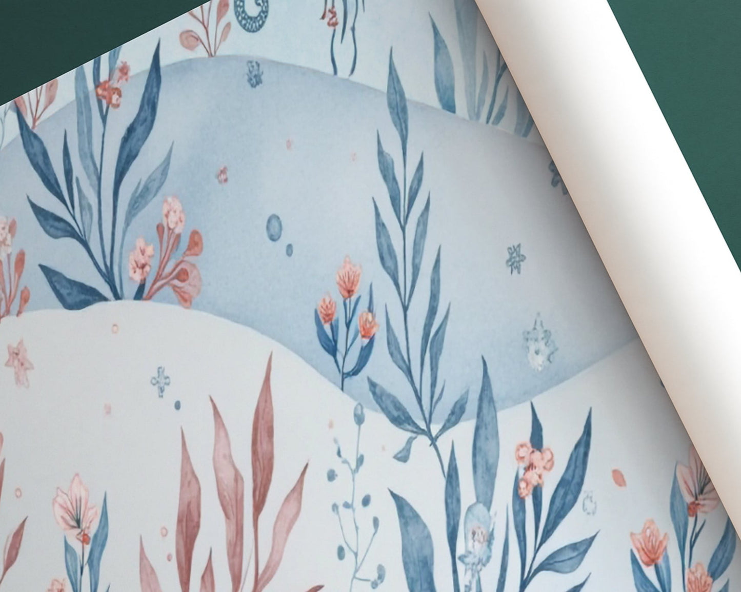 Roll of wallpaper with a floral design on a green background