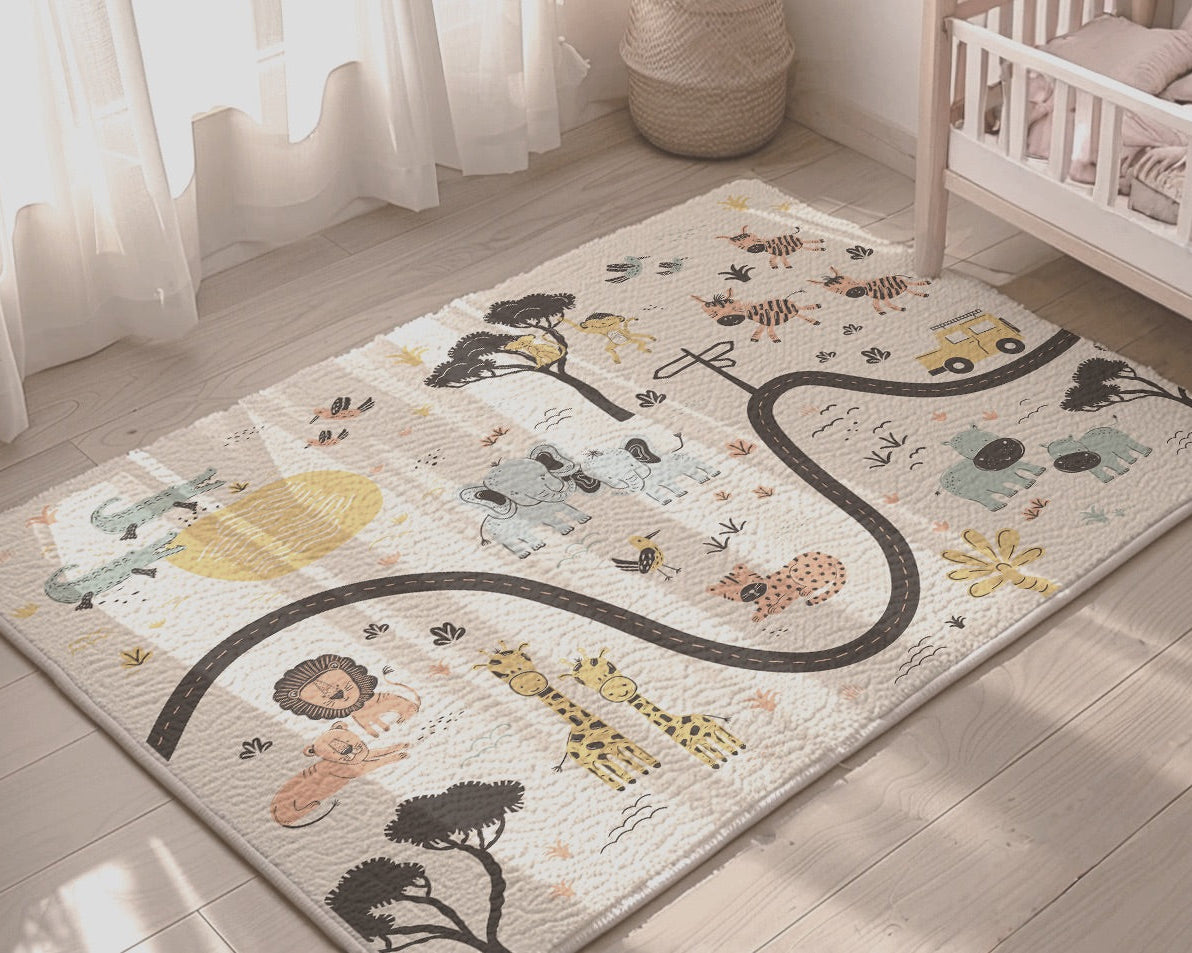 Children's rug with animal illustrations on a wooden floor