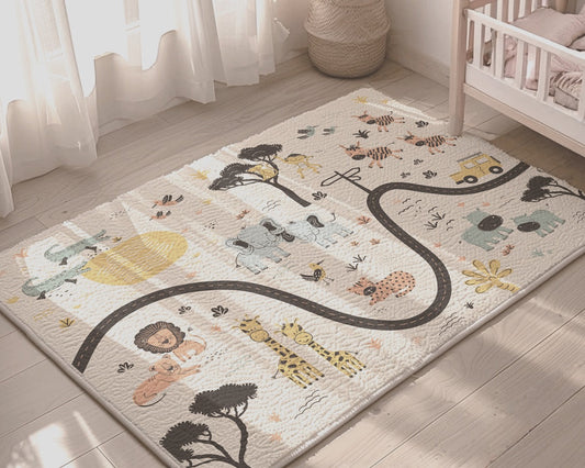 Children's rug with animal illustrations on a wooden floor