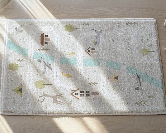 Children's rug with nature-themed design on a wooden floor