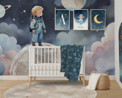 Children's room with space-themed wall mural, crib, and decor.