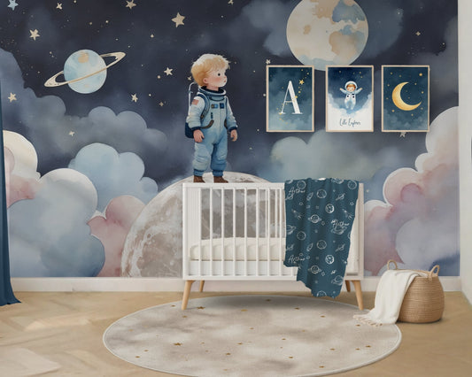 Children's room with space-themed wall mural, crib, and decor.