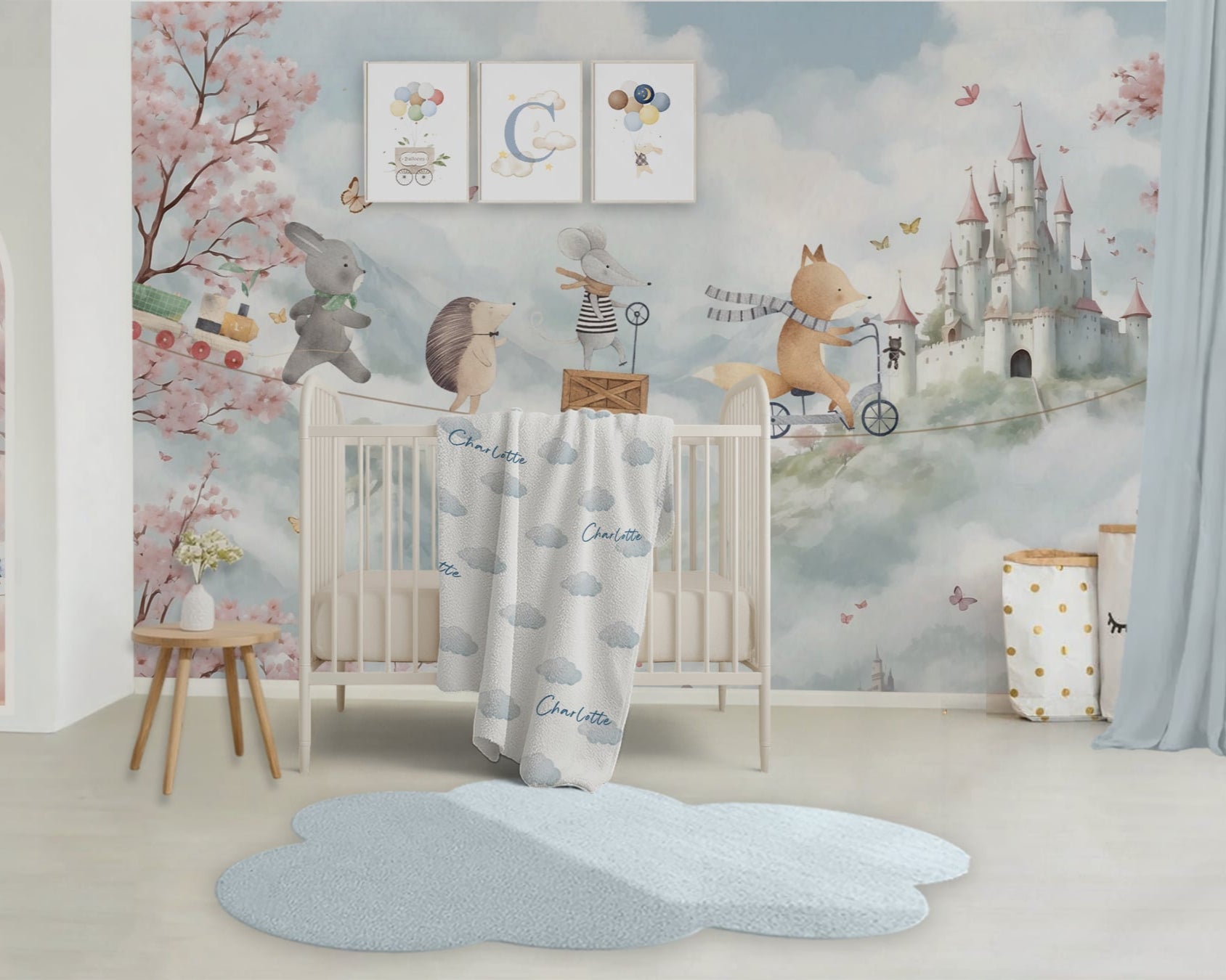 Children's room with crib, decorative wall art, and rug.