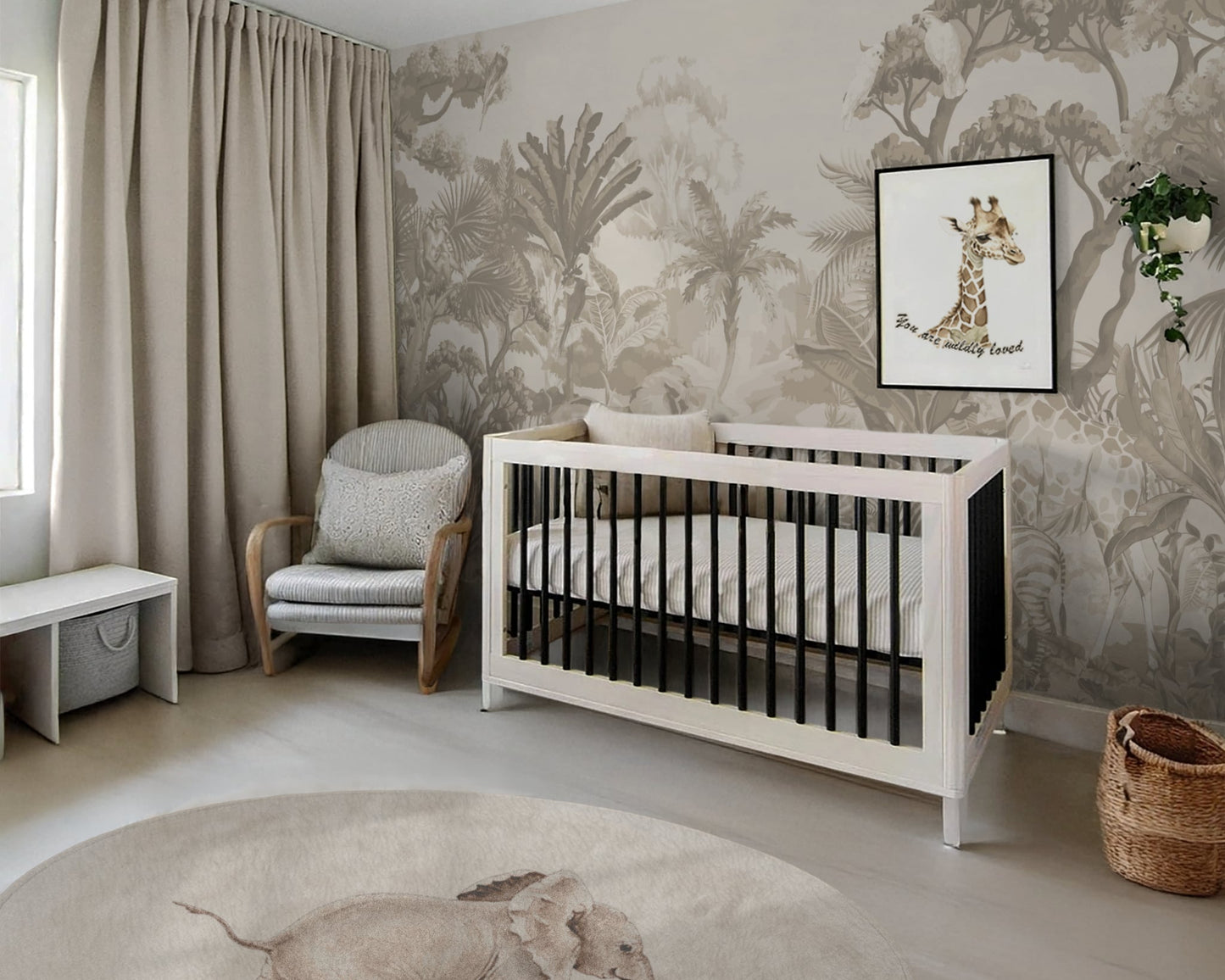 Nursery room with white crib, patterned wallpaper, and decor elements.