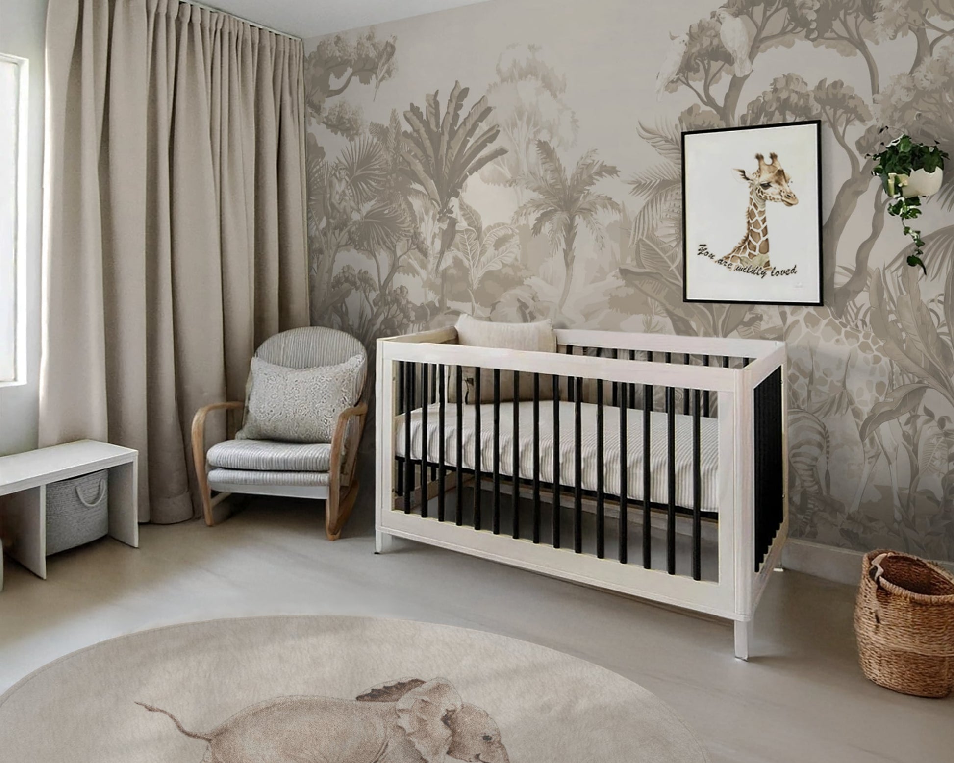 Nursery room with white crib, patterned wallpaper, and decor elements.