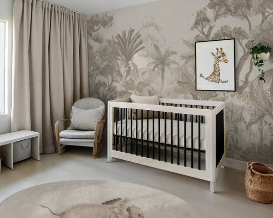 Nursery room with white crib, patterned wallpaper, and decor elements.