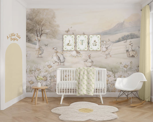Nursery room with decorative wall mural, crib, and rocking chair.