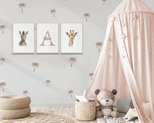 Children's room with wall art, teddy bear, and pink canopy.