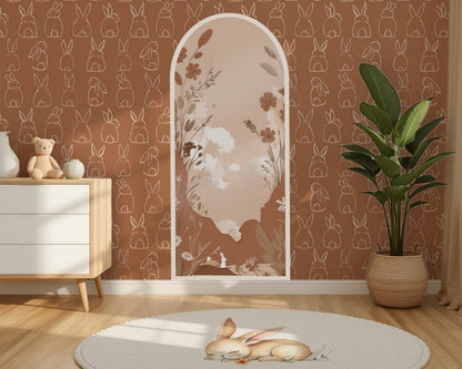 Room interior with a rug featuring a rabbit design, a cabinet, and a plant.