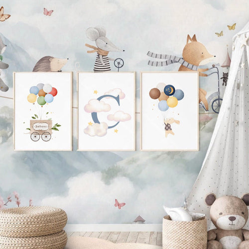 Children's room with wall art, teddy bear, and play area.