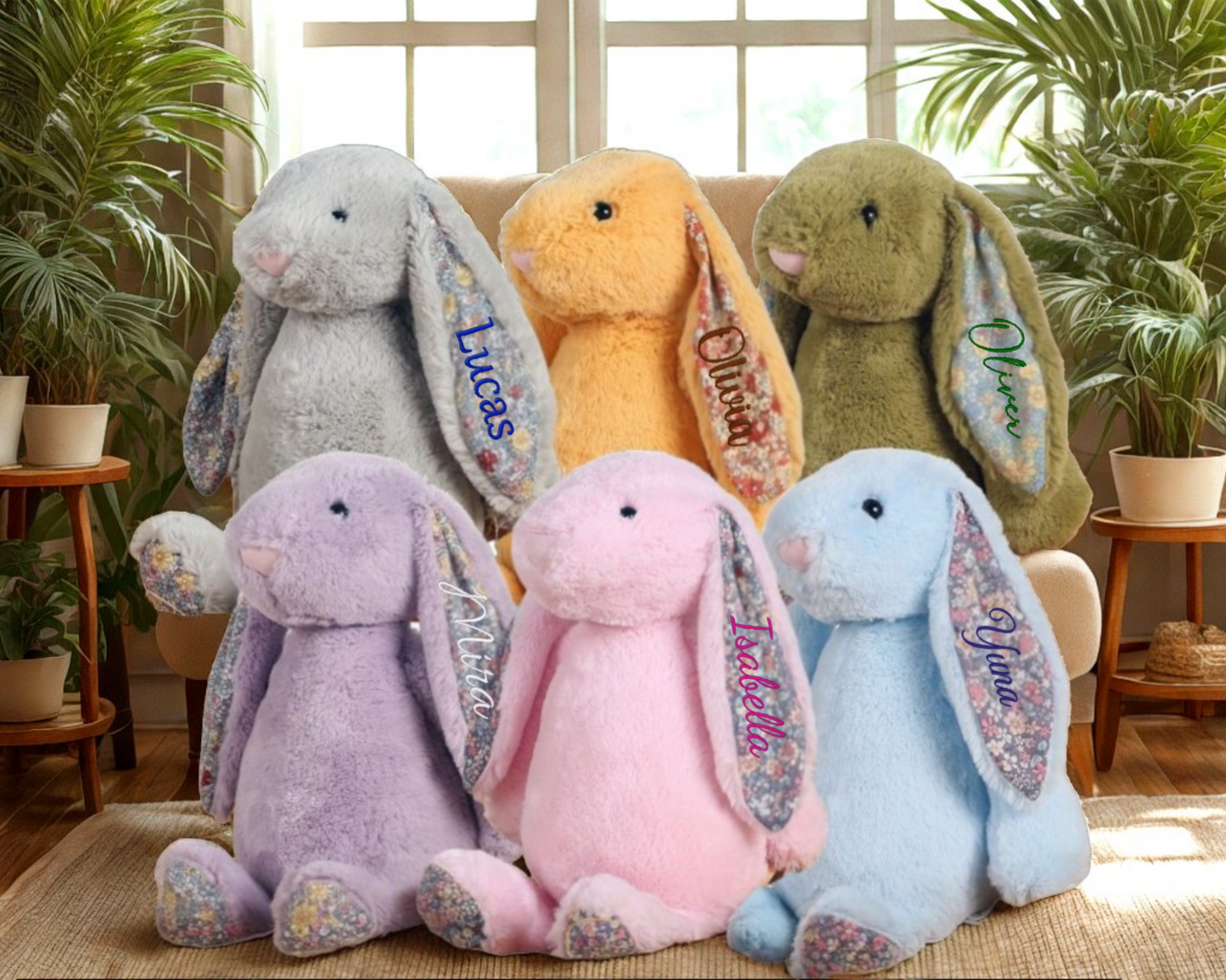 Gepersonaliseerde bloemenkonijn knuffel - Aangepast geborduurd zacht speelgoed voor baby's, pasgeborenen cadeau en aandenken