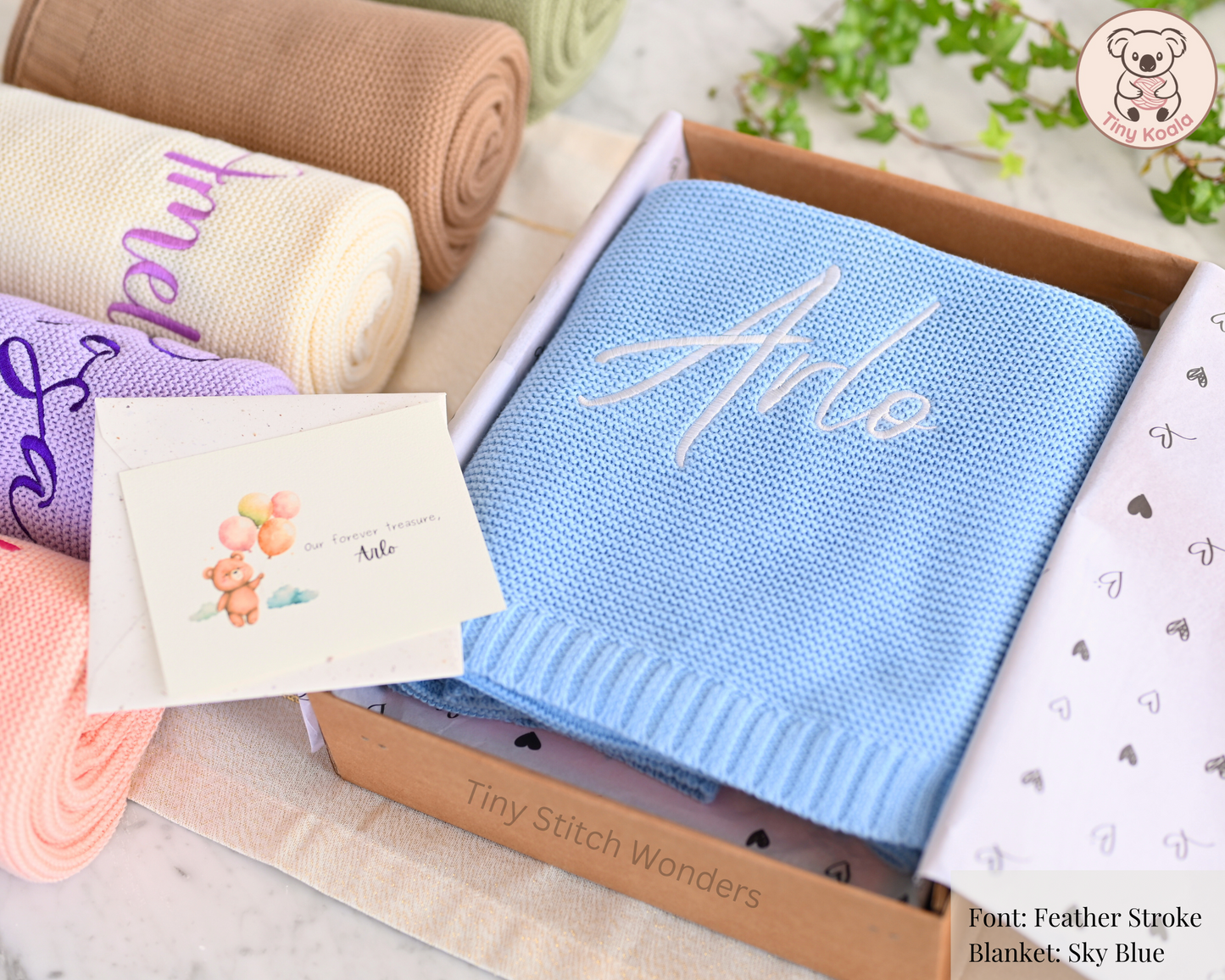Personalisierte bestickte Babydecke mit GESCHENKBOX und KARTE