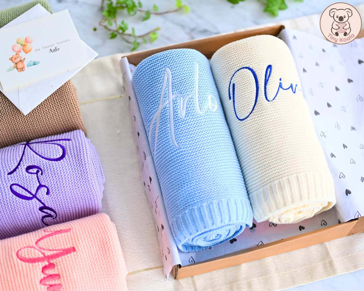 Personalisierte bestickte Babydecke mit GESCHENKBOX und KARTE