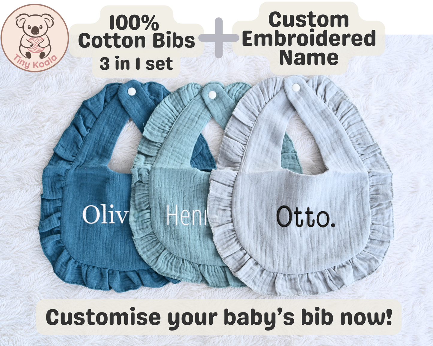 Set of 3 Personalized Baby Bibs – Custom Embroidered Cotton Bibs for Newborns & Infants
