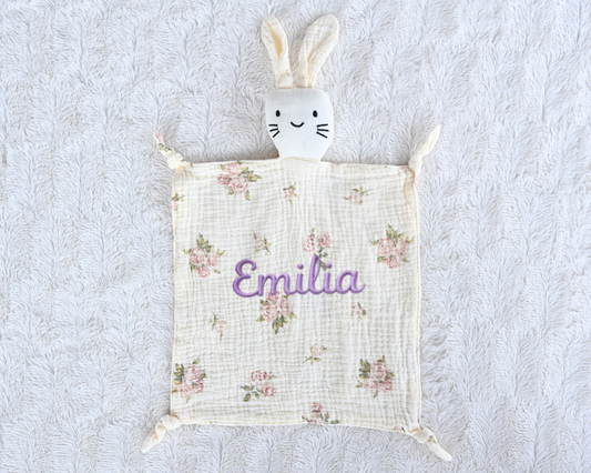 Personalized Baby Comforter – Soft Muslin Bunny Blankie with Embroidered Name – Newborn Snuggle Toy & Gift
