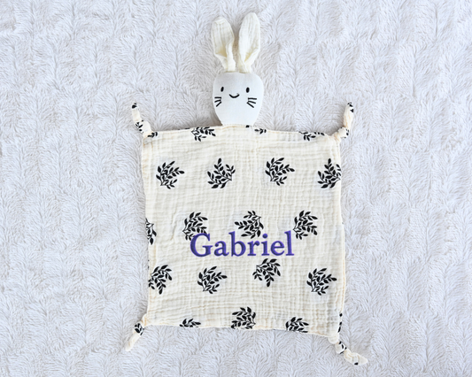 Personalized Baby Comforter – Soft Muslin Bunny Blankie with Embroidered Name – Newborn Snuggle Toy & Gift