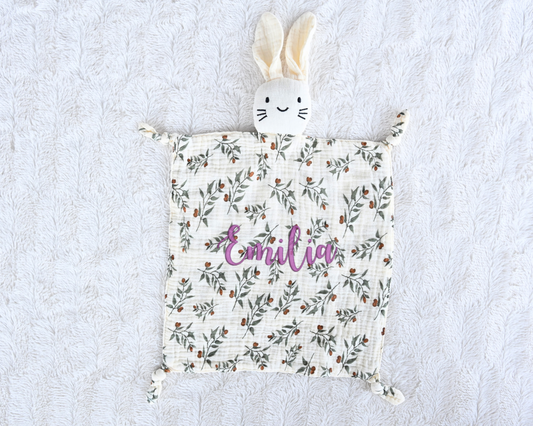 Personalized Baby Comforter – Soft Muslin Bunny Blankie with Embroidered Name – Newborn Snuggle Toy & Gift