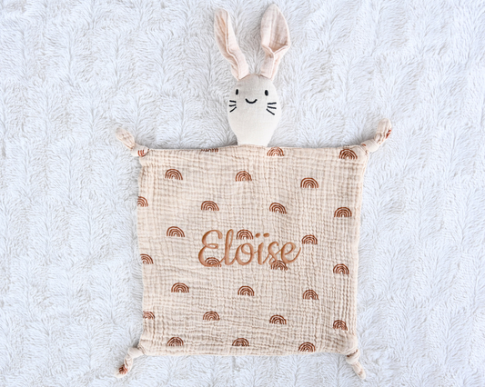 Personalized Baby Comforter – Soft Muslin Bunny Blankie with Embroidered Name – Newborn Snuggle Toy & Gift
