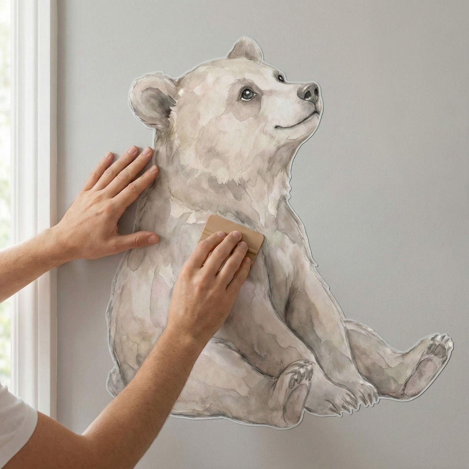 Easy installation of our removable watercolor bear wall sticker. Designed for parents, the decal applies smoothly, is repositionable, and leaves no damage—ideal for nurseries, rental homes, and modern family spaces.