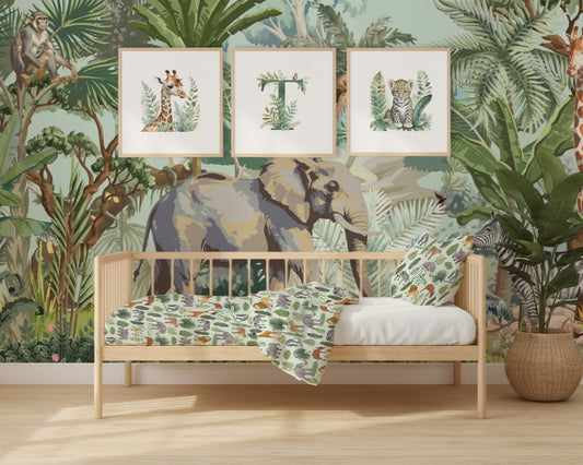 Children's room with jungle-themed wallpaper, bed, and decor