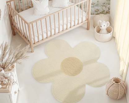 Nursery room with a wooden crib, flower-shaped rug, and decorative elements.
