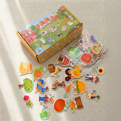 The retail packaging for the Farm Theme Toddler Magnets with pieces spread out.