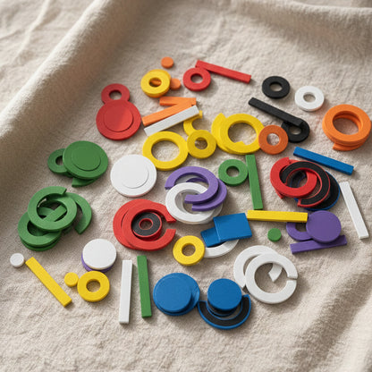 A colorful assortment of magnetic circles, semi-circles, and bars for open-ended play.