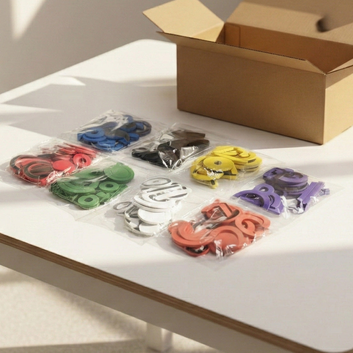 Sets of magnetic shapes sorted by color into clear protective bags next to a shipping box.
