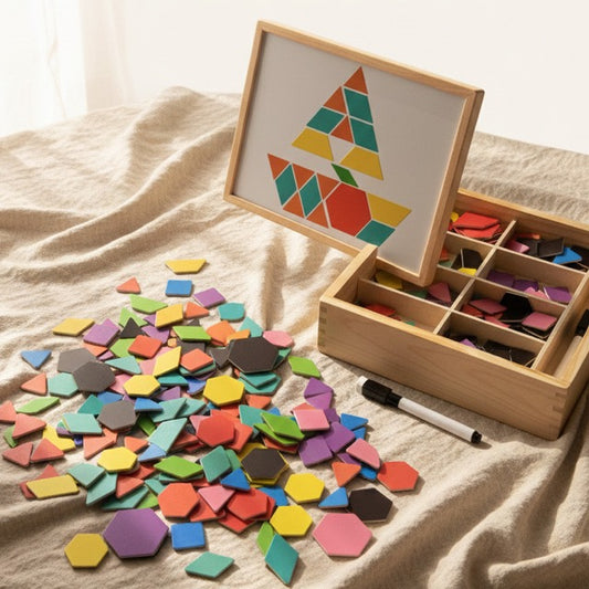 225-piece magnetic wooden geometry puzzle showing a boat pattern on a whiteboard easel.