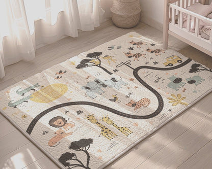 Children's rug with animal illustrations on a wooden floor
