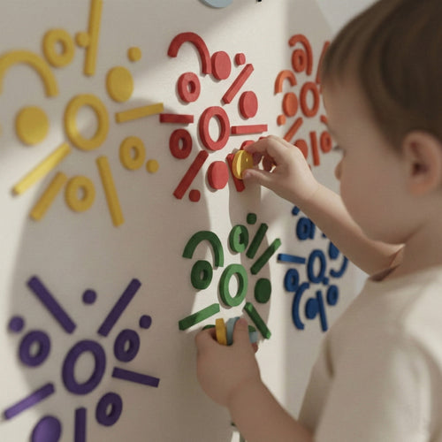 A young child arranging red and yellow magnetic shapes on a vertical magnetic play wall.