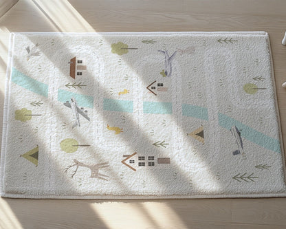 Children's rug with nature-themed design on a wooden floor